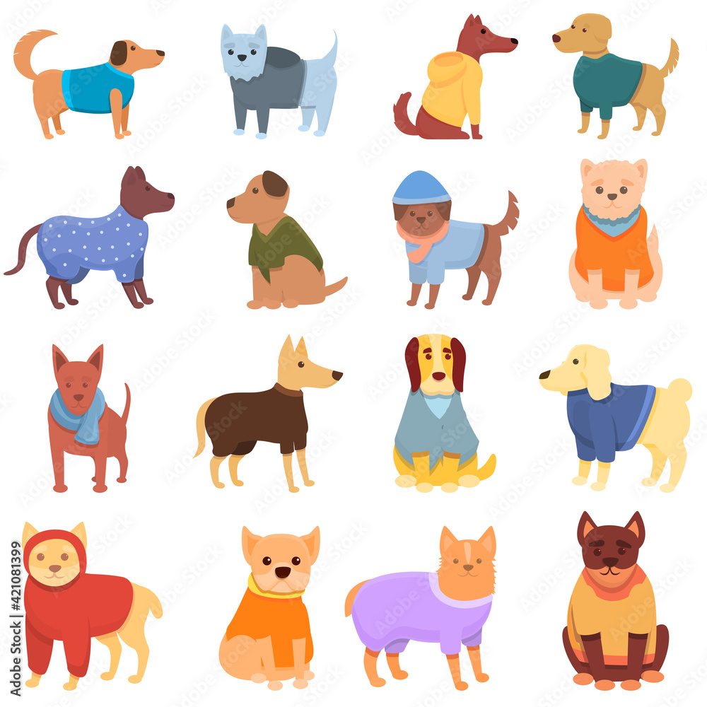Dog clothes icons set. Cartoon set of dog clothes vector icons for web design
