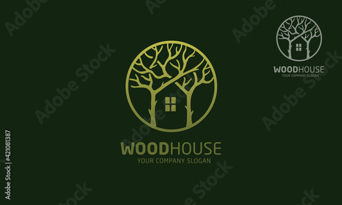 Wood House Vector Logo Template. Design template of two trees incorporate with a house that made from a simple scratch. It's good for symbolize a property or wooden housing business.