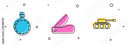 Set Canteen water bottle, Swiss army knife and Military tank icon. Vector
