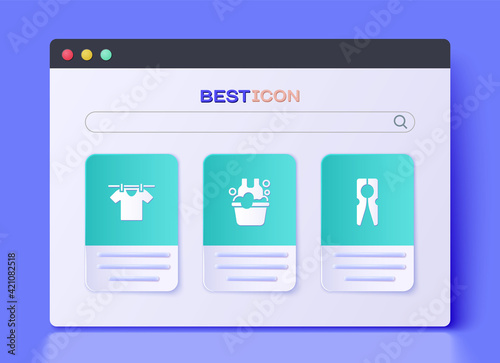 Set Basin with soap suds, Drying clothes and Clothes pin icon. Vector