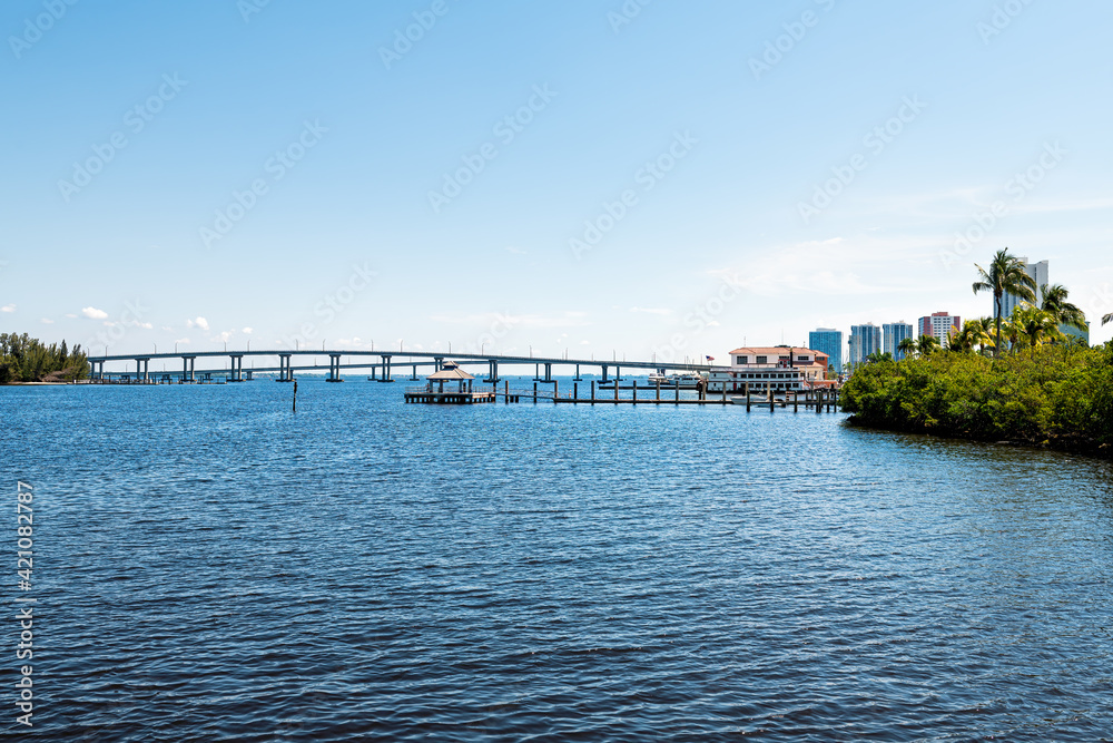 Bridges in marina harbor dock on Caloosahatchee River in Fort Myers, Florida gulf of mexico coast with pier wharf gazebo pavilion