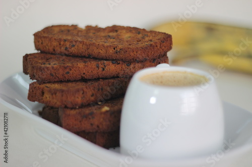 Cake toast made of whole wheat ripe plantain cake. It is also called rusk. photo