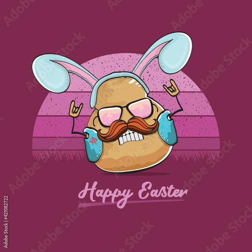 vector rock star easter potato funny cartoon character with blue bunny ears isolated on vintage background with sun. rock n roll easter party poster or happy easter greeting card