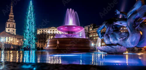Trafalgar Square Christmas Fountain at night.