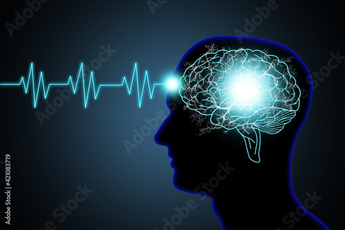 Illustration human brain and nerve or blood vessel concept in head and pulse line neon light effect on dark blue background