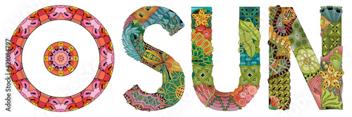 Vector handdrawn illustation of Sun sign with word SUN for decoration.