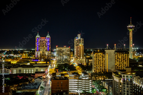 San Antonio city skyline panorama at night. The skyline in this photo includes Marriott Rivercenter, The Torch of Friendship, Marriott Riverwalk photo