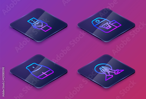 Set Isometric line Smart watch, Women waist, Paper package for milk and Meditation. Blue square button. Vector