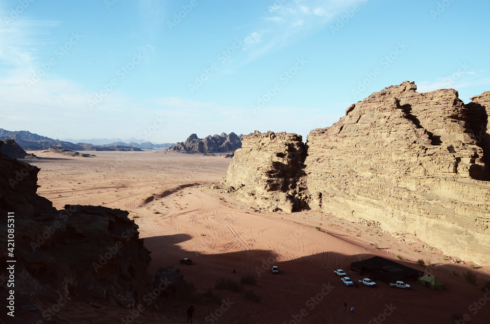 Jordan, Wadi Rum Desert: Scenic landscape view of the desert with mountains in the background 