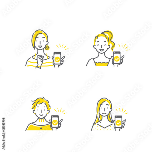 笑顔でスマホを見せる女性のシンプルでおしゃれな線画イラストセット