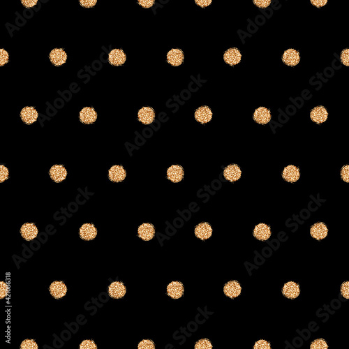 Seamless pattern with golden textured dots on black background. Vector illustration
