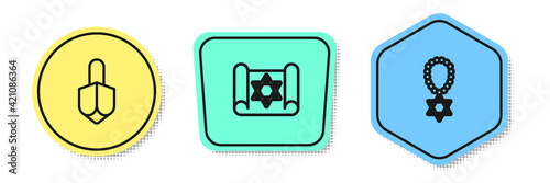 Set line Hanukkah dreidel, Torah scroll and Star of David necklace on chain. Colored shapes. Vector