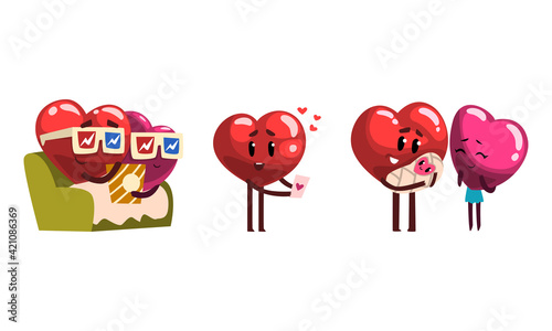 Cute Humanized Heart Character Watching Movie, Reading Love Letter and Joyful of Baby Birth Vector Set