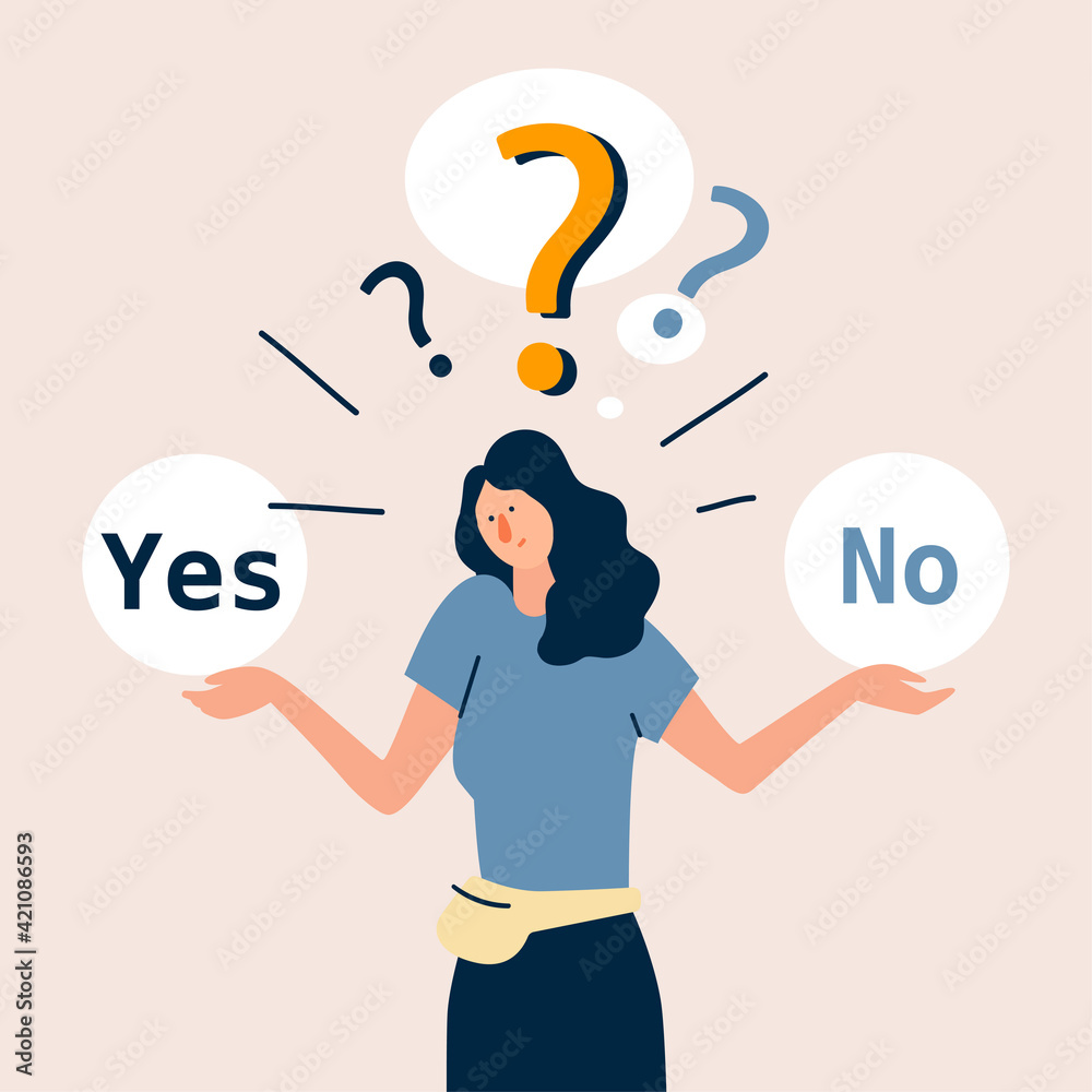 Young girl standing confusedly to choose YES or NO. Concept of choice, selection, answer, reply, accept of refuse. Flat style vector illustration cartoon character. Young girl standing confusedly to choose YES or NO. Concept of choice, selection, answer, reply, accept of refuse. Flat style vector illustration cartoon character.