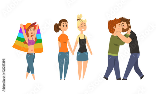 People Gay and Lesbian Characters as Lgbt Community Holding Flag and Participating in Pride Parade Vector Set