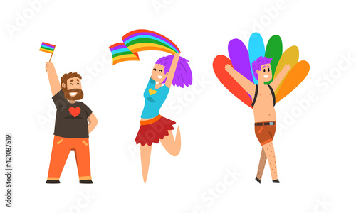 People Gay and Lesbian Characters as Lgbt Community Holding Flag and Participating in Pride Parade Vector Set