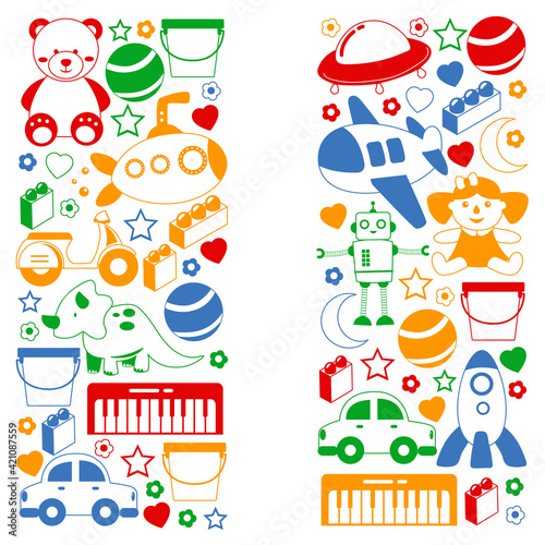 Vector pattern with the collection of toys. Doll, submarine, plane, ship. Children and kindergarten illustration.