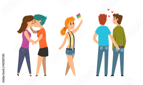 People Gay and Lesbian Characters as Lgbt Community Holding Flag and Participating in Pride Parade Vector Set