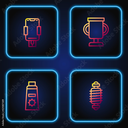 Set line Bicycle suspension, Sunscreen cream in tube, Mobile holder and Award cup with bicycle. Gradient color icons. Vector