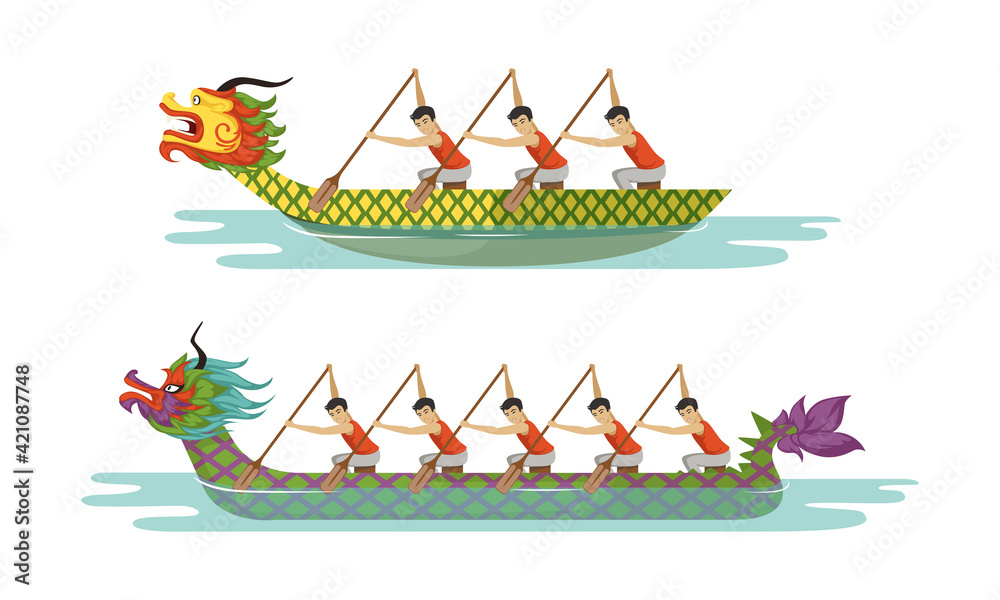 Dragon Boat Festival with Participants Taking Part in Racing Using Paddle Vector Set Dragon Boat Festival with Participants Taking Part in Racing Using Paddle Vector Set