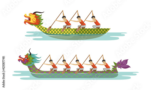 Dragon Boat Festival with Participants Taking Part in Racing Using Paddle Vector Set