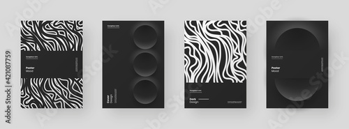 Abstract set Placards, Posters, Flyers, Banner Designs. Black and white illustration on vertical A4 format. 3d geometric shapes and wavy lines. Decorative neumorphism backdrop.