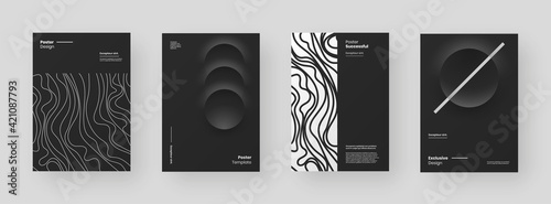 Abstract set Placards, Posters, Flyers, Banner Designs. Black and white illustration on vertical A4 format. 3d geometric shapes and wavy lines. Decorative neumorphism backdrop.