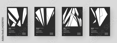 Abstract set Placards, Posters, Flyers, Banner Designs. Black and white illustration on vertical A4 format. Flat silhouette of broken glass. Decorative  backdrop.