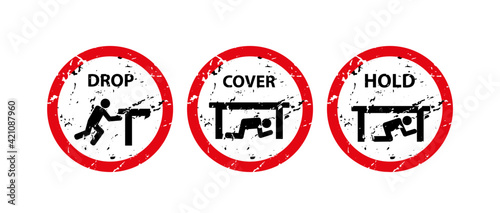 Drop, cover, hold sign. Earthquake vector icon. 