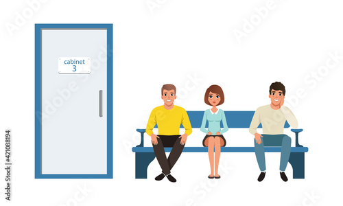 People Characters Sitting in Queue near Cabinet Door Vector Illustration