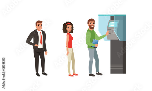 People Characters Standing in Queue near ATM Machine Vector Illustration