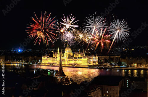 Fireworks over the Parliament in Budapest, Hungary