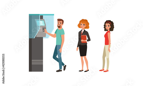 People Characters Standing in Queue near ATM Machine Vector Illustration