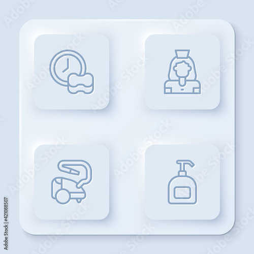 Set line Washing dishes, Cleaning lady service, Vacuum cleaner and Bottle of liquid soap. White square button. Vector