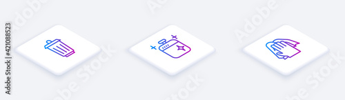 Set Isometric line Trash can, Clean cooking pot and Cleaning service. White square button. Vector