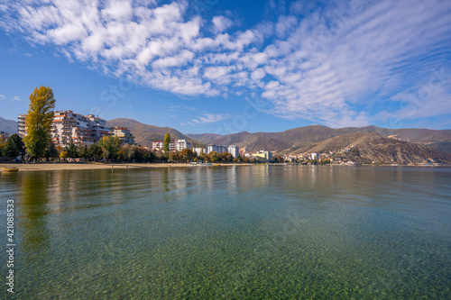 Panorama of Ohrid lake in Albania  Pogradec city  Balkans