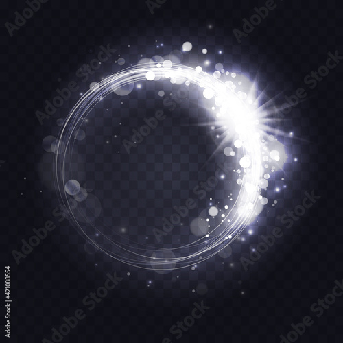 Silver luminous spark ring, abstract light frame effect vector illustration. Magic glowing round swirl lines with sparkling glitter particles, platinum flare lens shimmer transparent dark background