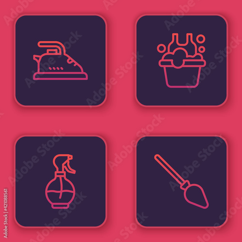 Set line Electric iron, Water spray bottle, Basin with soap suds and Handle broom. Blue square button. Vector