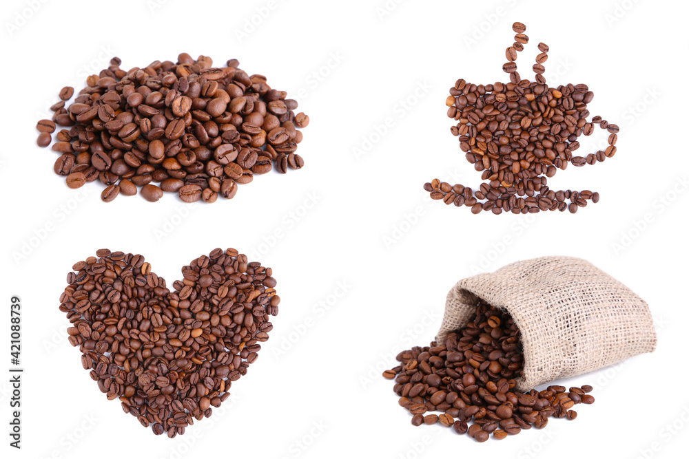 Set of coffee beans isolated on white. Concept collage. Set of coffee beans isolated on white. Concept collage.