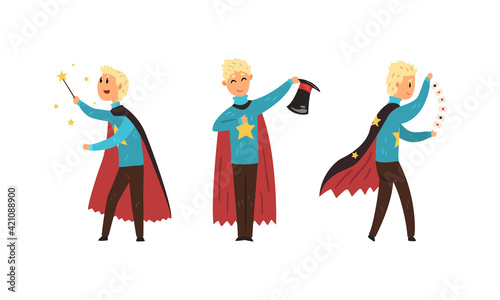 Blond Man Magician Showing Tricks and Focuses for Entertainment Vector Set