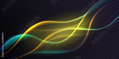 Gradient green neon color wave, abstract light effect vector illustration. Dynamic translucent soft gradient stream motion, wavy flow bright curve elements isolated on transparent black background