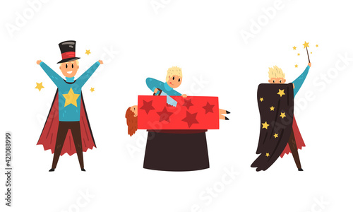 Blond Man Magician Showing Tricks and Focuses for Entertainment Vector Set