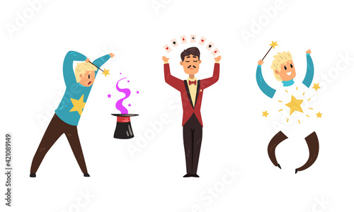 Blond Man Magician Showing Tricks and Focuses for Entertainment Vector Set