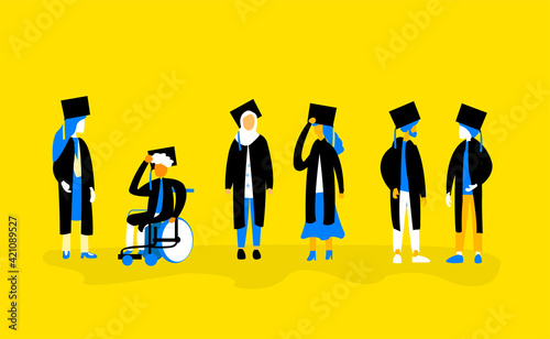 Group of graduated students standing together in the graduation ceremony