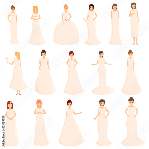 Wedding dress icons set. Cartoon set of wedding dress vector icons for web design