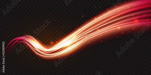 Luminous neon shape wave, abstract light effect vector illustration. Wavy glowing bright flowing curve lines, magic glow energy stream motion with particle isolated on transparent black background. photo