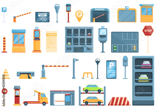 Paid parking icons set. Cartoon set of paid parking vector icons for web design