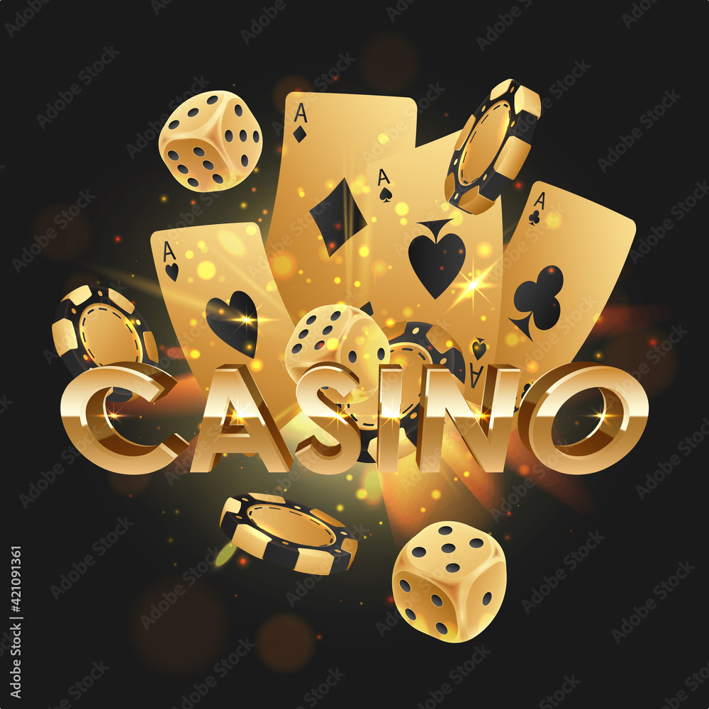 Black letters Casino with falling golden poker chips, tokens, dices, playing cards on black background with gold lights, sparkles and bokeh. Vector illustration.