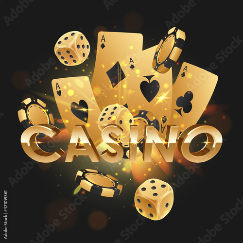Black letters Casino with falling golden poker chips, tokens, dices, playing cards on black background with gold lights, sparkles and bokeh. Vector illustration.