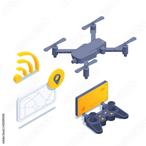 isometric vector illustration isolated on white background, remote control and drone